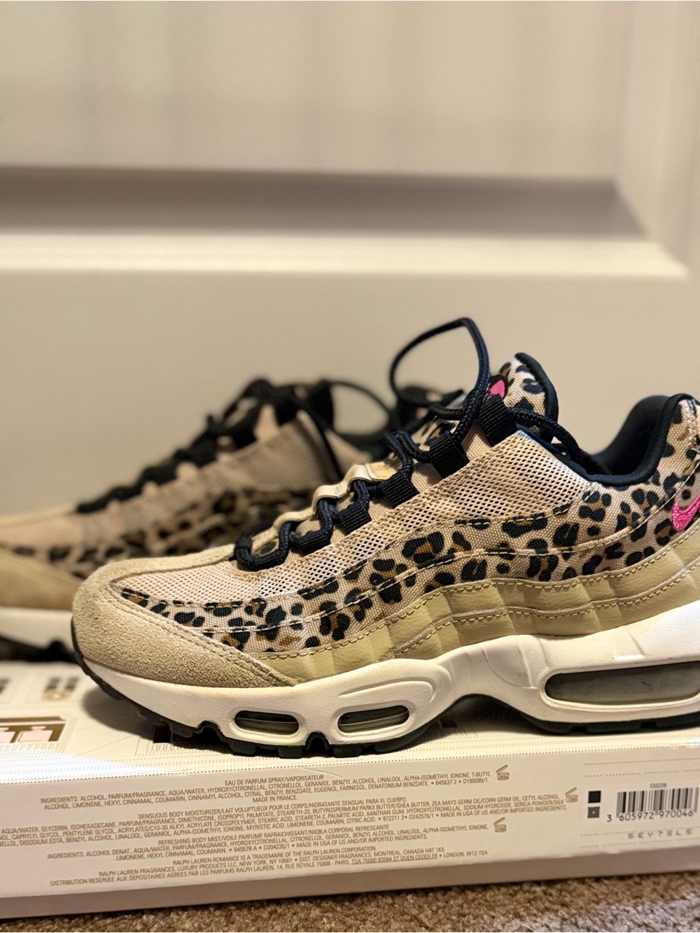 Nike Women's Beige Leopard Print Sneakers with Black and Pink Accents